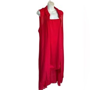 MLLE GABRIELLE red slip dress & sleeveless button-front duster. 1X